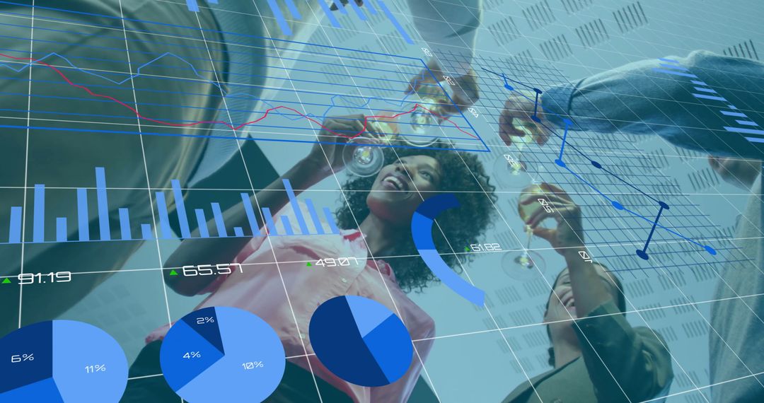 Business Success Celebration with Graphs and Wine Toast