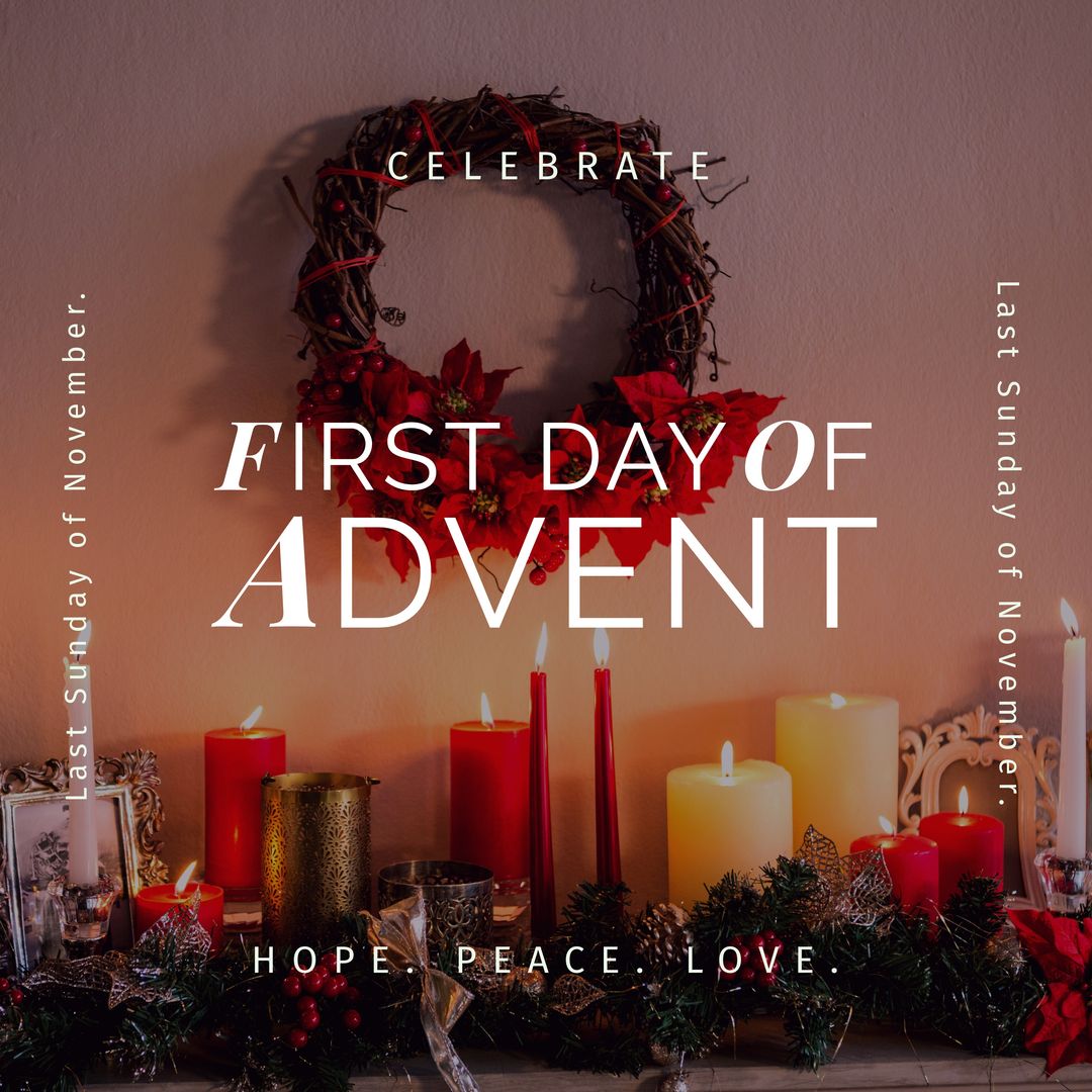 Composition of first day of advent text over candles and christmas decorations - Download Free Stock Templates Pikwizard.com