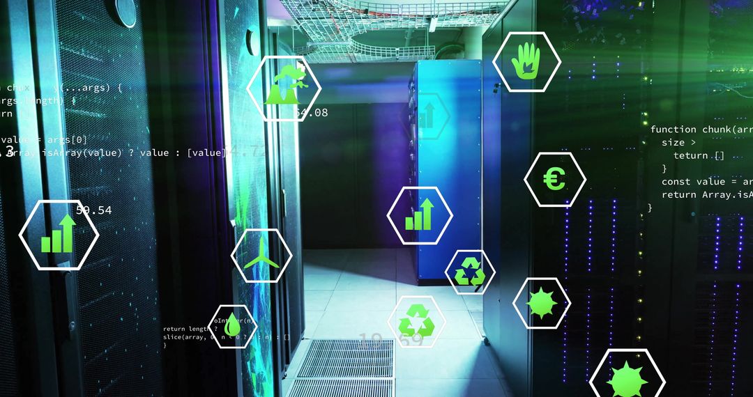 Futuristic Data Center with Interactive Digital Icons