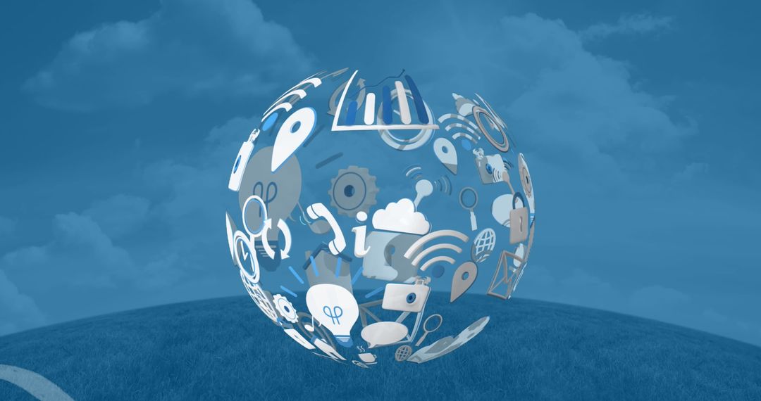 Digital World Sphere with Tech Icons on Blue Background