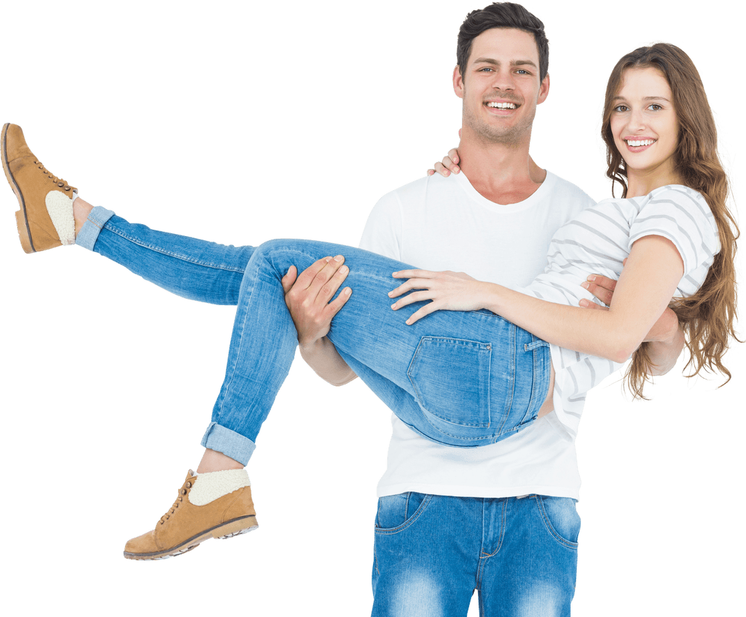 Smiling Couple Embracing in Casual Attire on Transparent Background