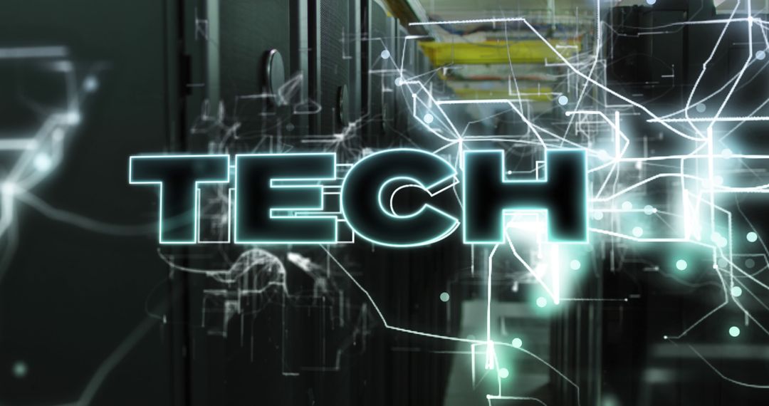 Illuminated tech text over network servers depicting data flow