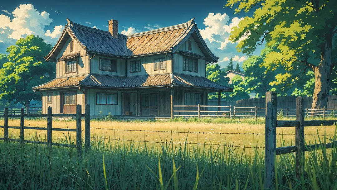 Traditional anime wooden house in sunlit meadow