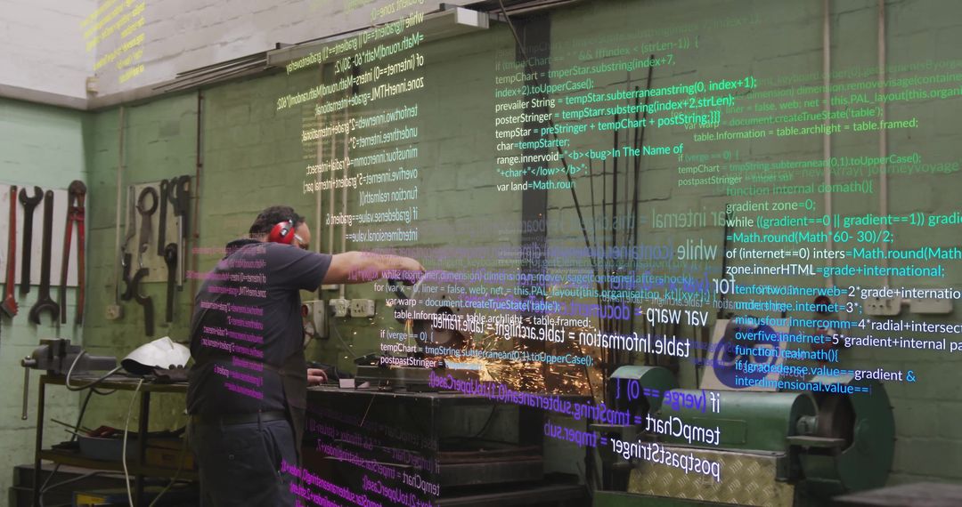 Machinist Grinding Metal Rod with Projected Code