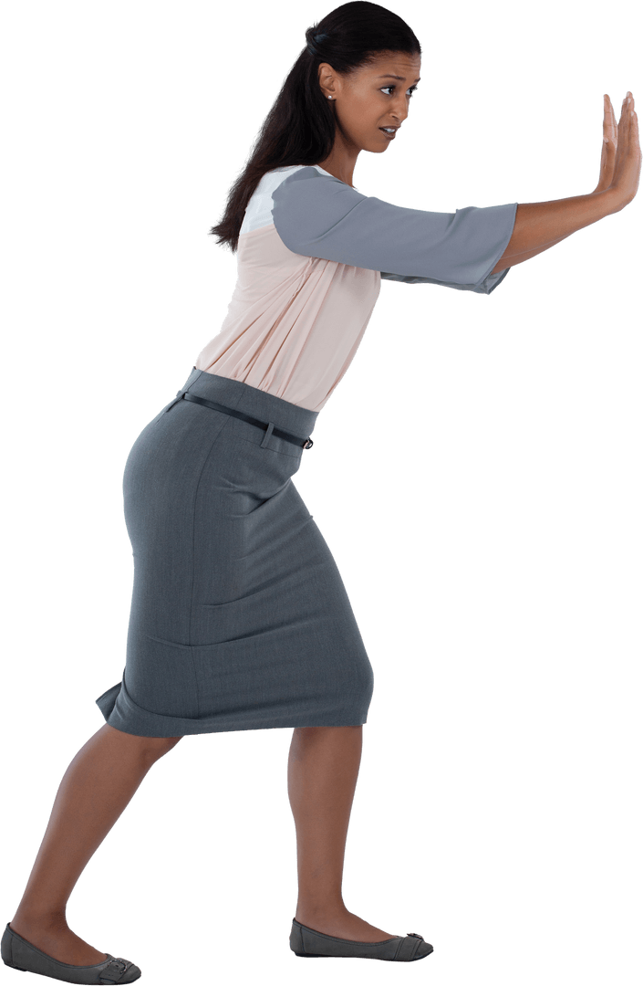 Confident Businesswoman Pushing Transparent Barrier Effectively