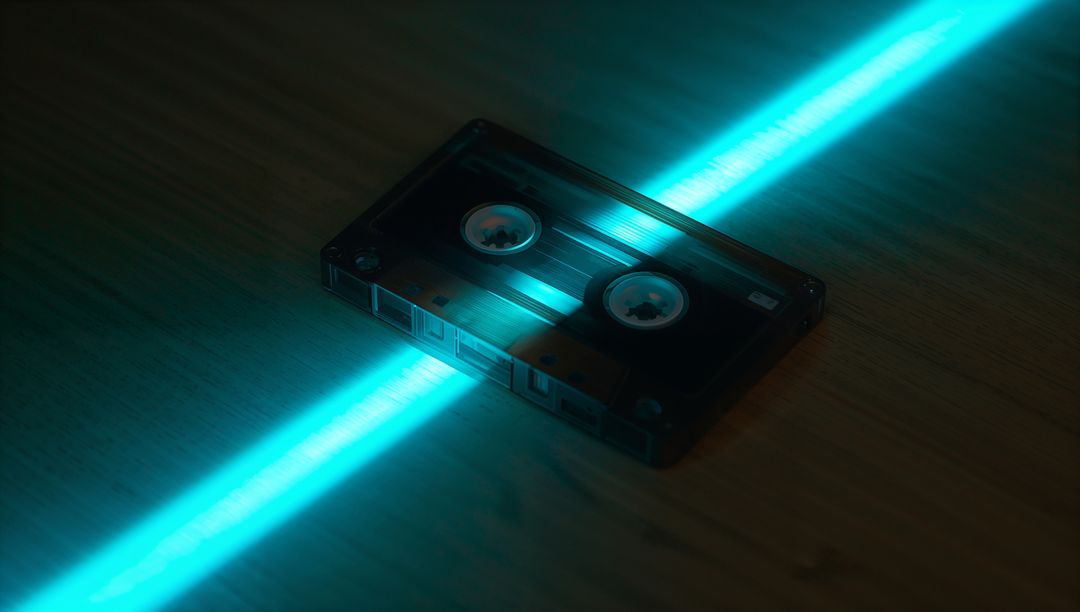 Cassette Tape on Wooden Surface with Neon Cyan Beam, Moody Retro Analog Aesthetic