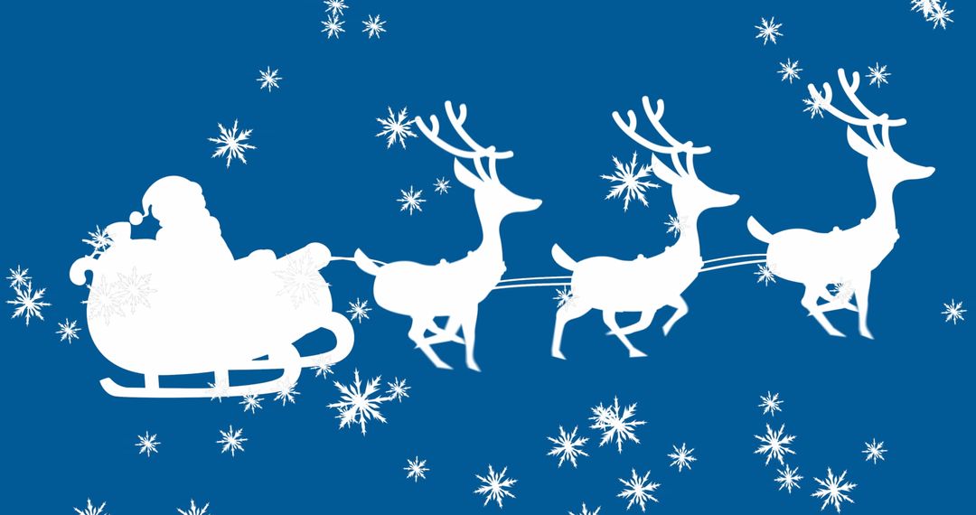 Santa Claus Silhouette with Reindeer Flying Through Snowy Sky