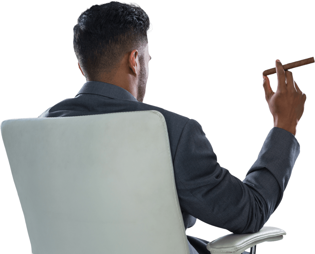Rear View Businessman in Suit with Transparent Background Holding Cigar
