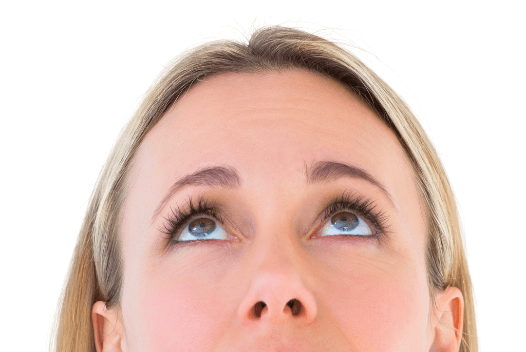 Transparent View of Blonde Woman Gazing Upwards with Curiosity