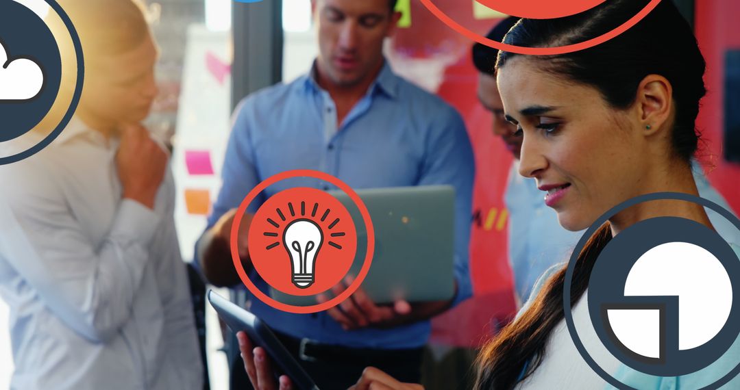 Businesswoman Using Tablet with Digital Innovation Icons in Office