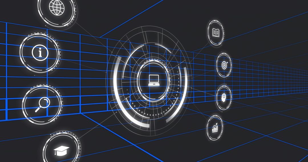 Futuristic holographic interface displaying laptop icon over neon blue grid with HUD icons