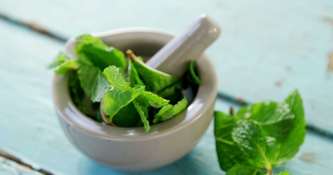 Fresh Mint Leaves in Mortar and Pestle on Rustic Blue Table - Free Images, Stock Photos and Pictures on Pikwizard.com