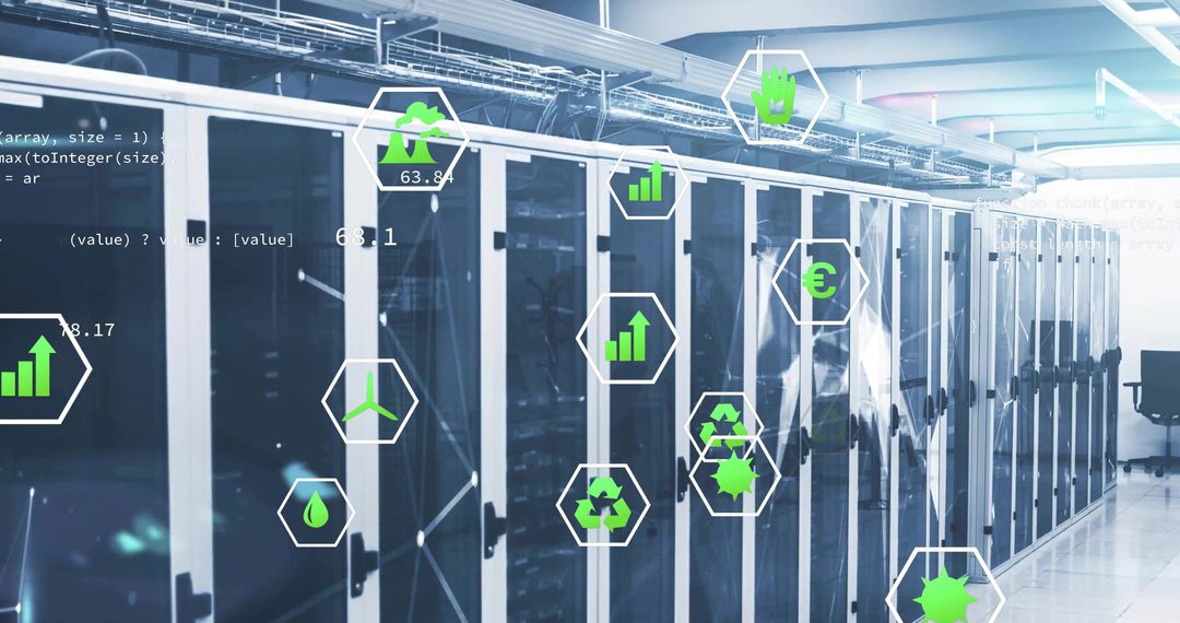 Sustainability Icons Projecting from Data Center Servers