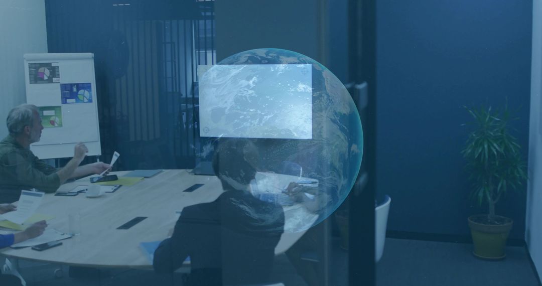 Discussing Global Strategy in Glass Conference Room with Projected Earth Overlay