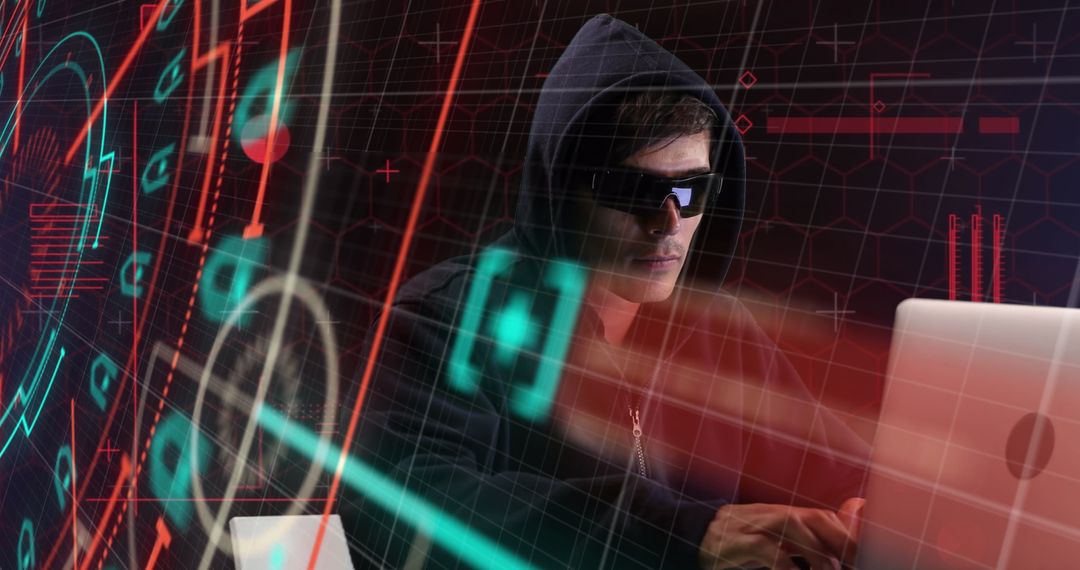 Hacker Wearing Sunglasses with Digital Interface Overlay