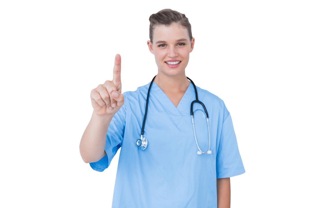 Smiling Nurse Pointing with Stethoscope Isolated on Transparent Background