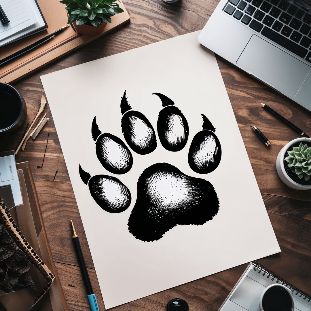 Black Bear Paw Print Illustration in Creative Workspace Setting