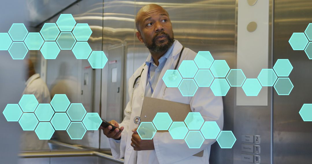 Doctor Analyzing Data with Smartphone and Medical Technology Overlay