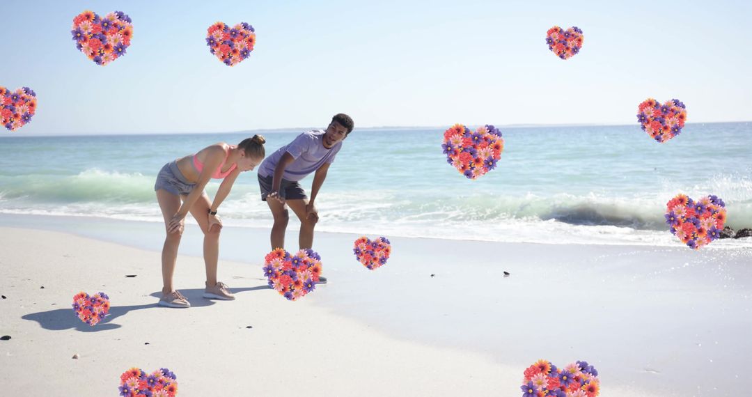 Romantic Summer Beach Scene with Floating Hearts
