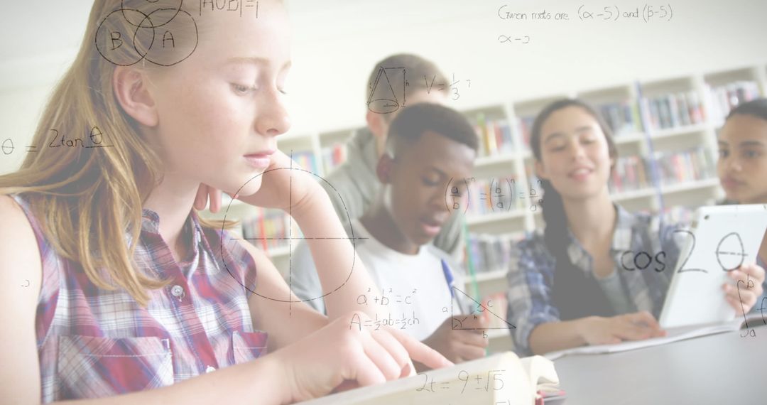 Students Learning in Classroom with Mathematical Formulas Overlay