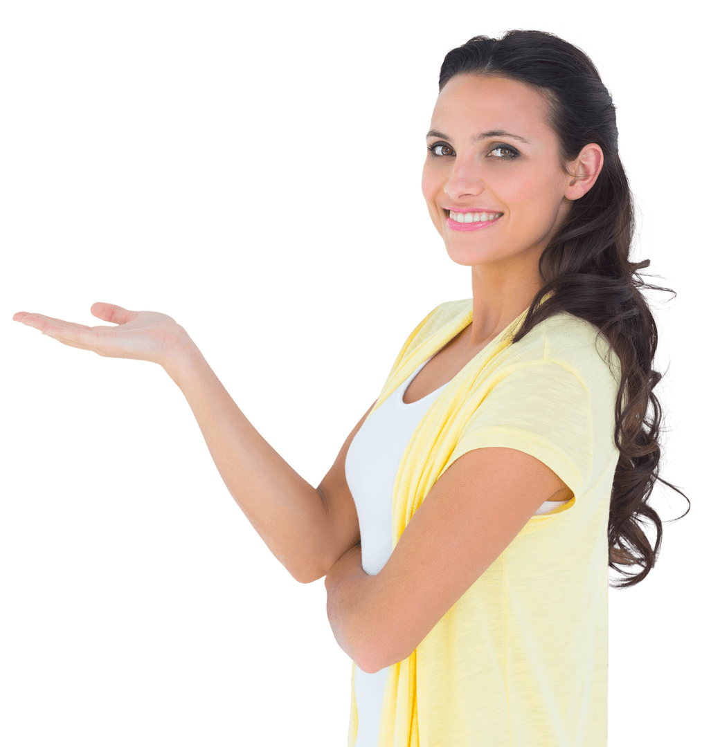 Smiling Woman Pointing Hand Gesture on Transparent Background