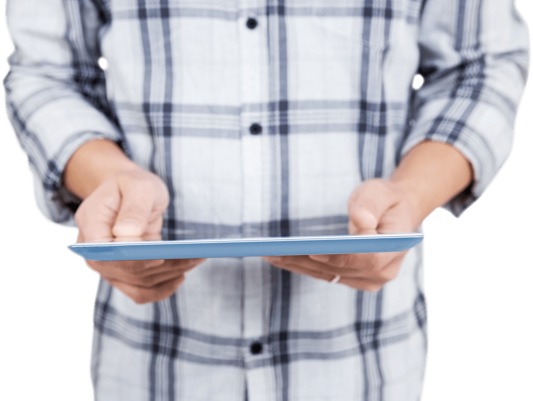 Transparent Person Using Tablet in Plaid Shirt