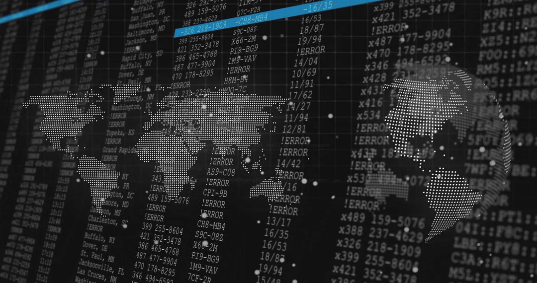 Digital World Map with Data Streams and Error Codes