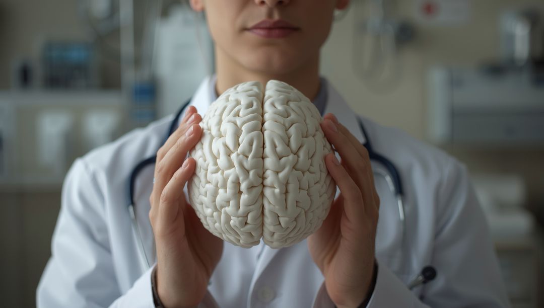 Female Doctor Presenting Life-size Brain Model in Medical Setting