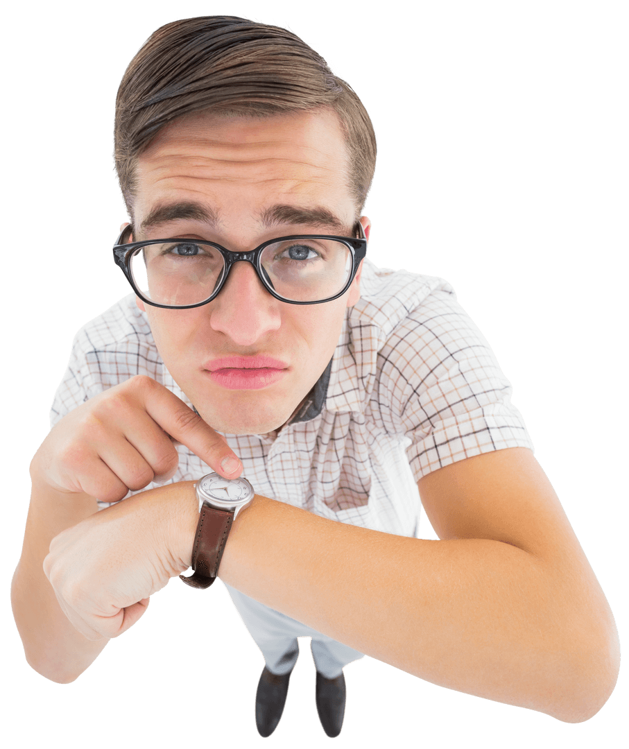 Transparent Geeky Hipster Pointing at Watch in Curved Perspective