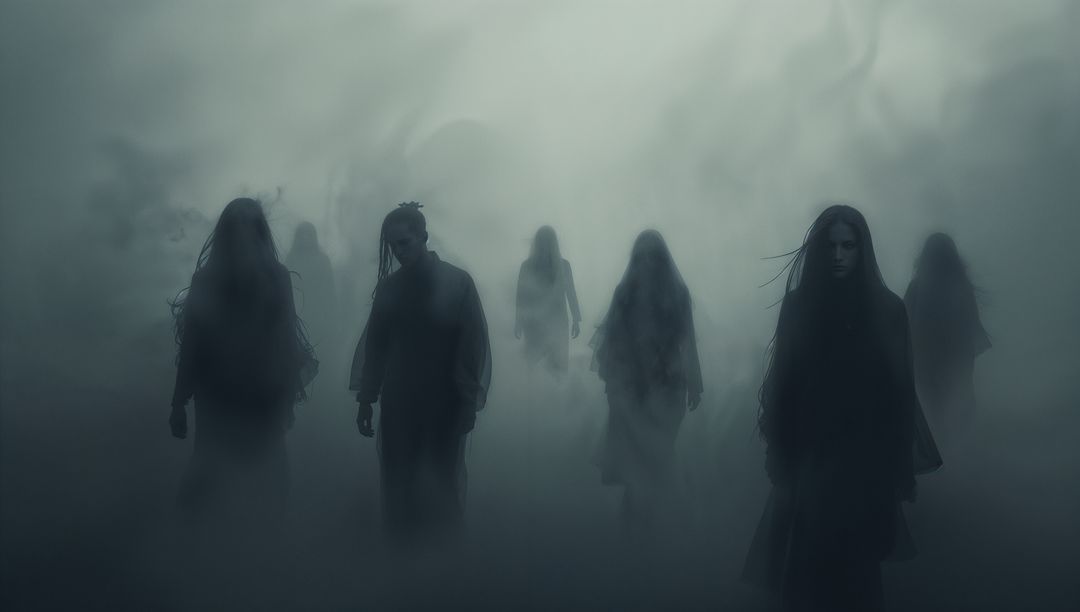 Ghostly Figures Drifting Through Fog in Mystical Forest