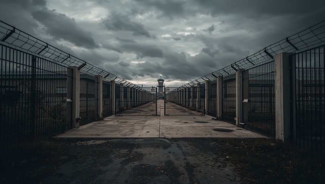 Industrial Perimeter Fence with Guard Tower and Barbed Wire