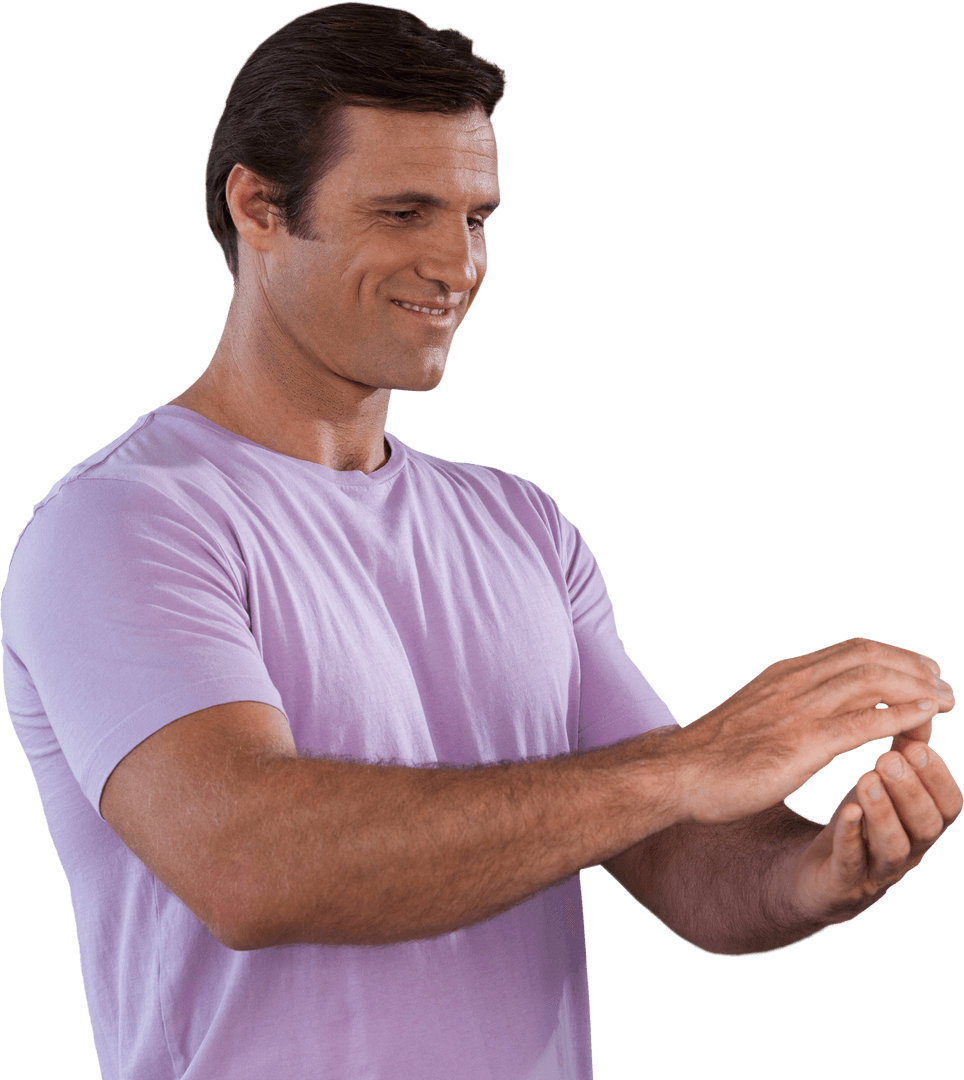 Smiling Mature Man in Pastel Shirt Making Gestures, Transparent Background