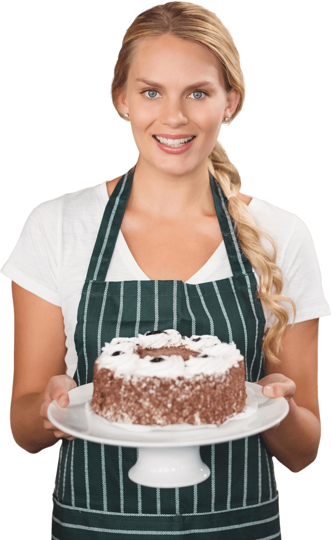 Woman Holding Chocolate Cake with Transparent Background Smiling