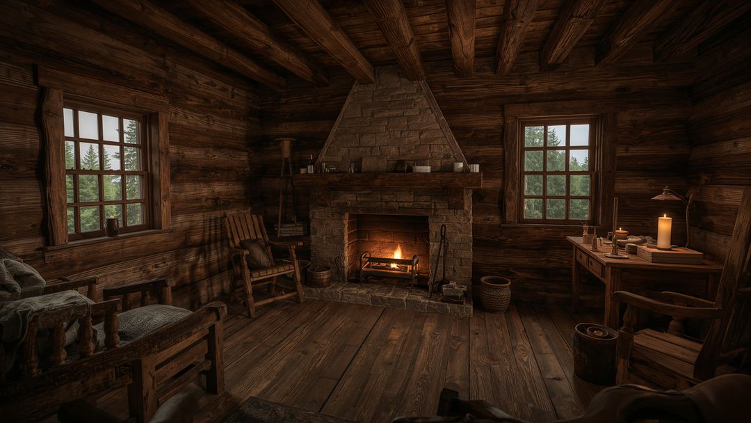 Cozy Rustic Log Cabin with Warm Crackling Stone Fireplace