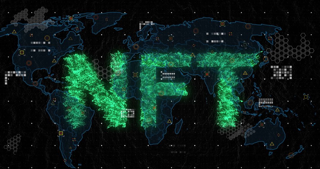 NFT Text With Digital World Map Background