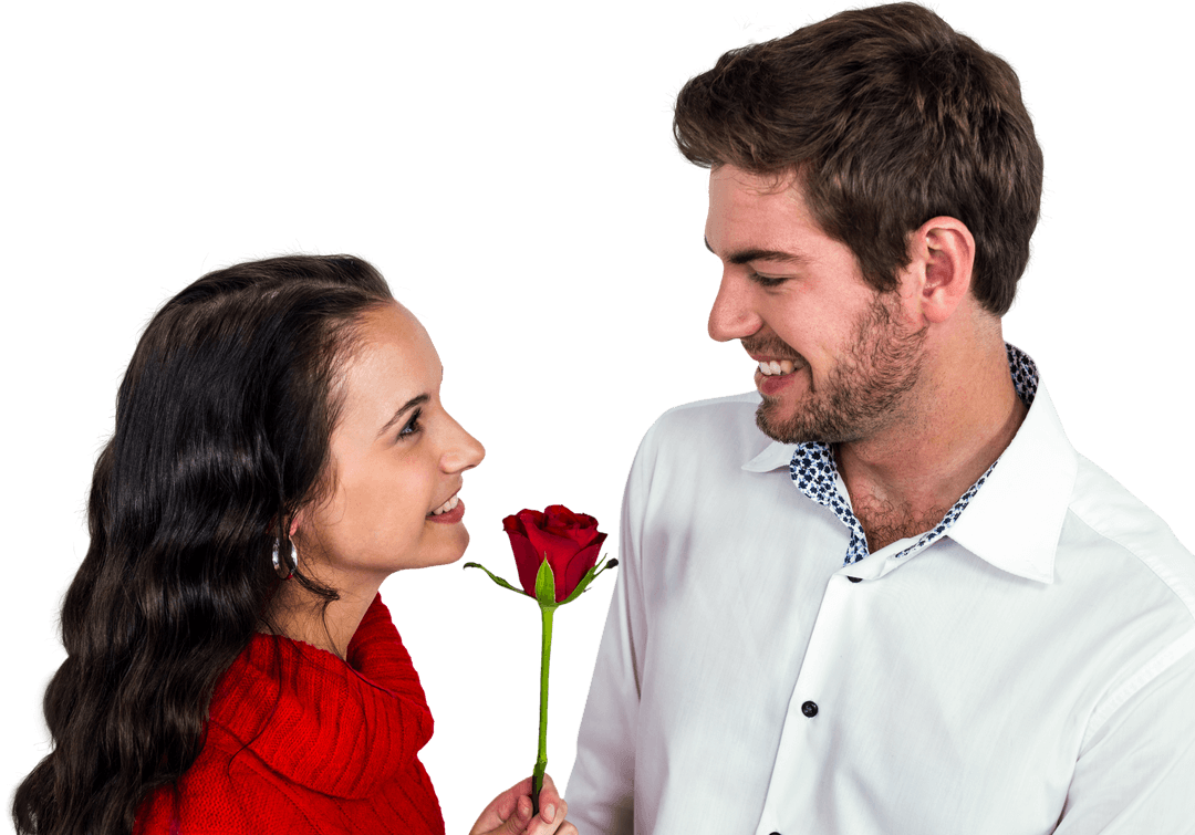 Smiling Couple Sharing Romantic Moment with Rose on Transparent Background