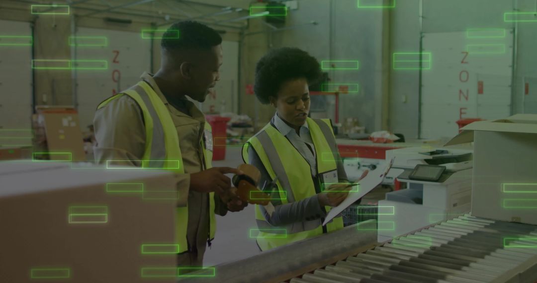 Warehouse Workers Collaborating with Technology in Distribution Center