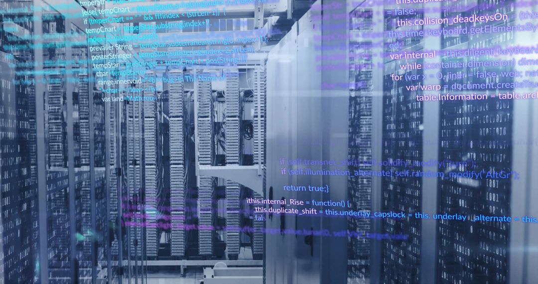 Futuristic Visualization of Code Over Data Center Server Racks