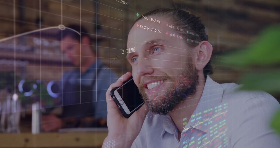 Smiling Businessman Analyzing Data on Smartphone