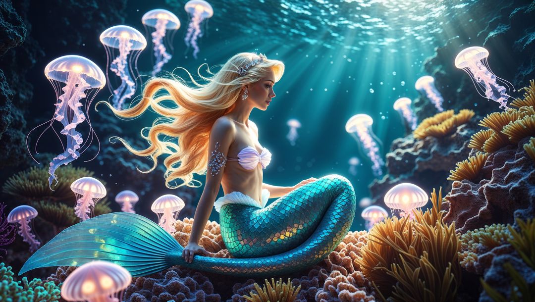 Enchanted Mermaid with Glowing Jellyfish in Vibrant Coral Reef