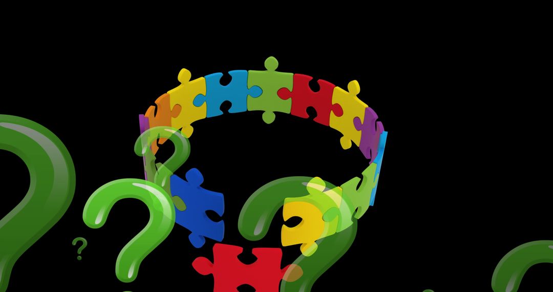 Colorful Puzzle Pieces and Question Marks Over Black Background
