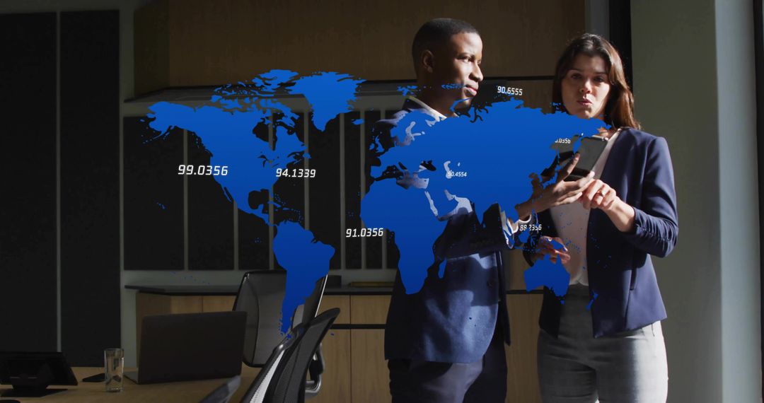 Business Professionals Analyzing Data on Digital Tablet with World Map Overlay