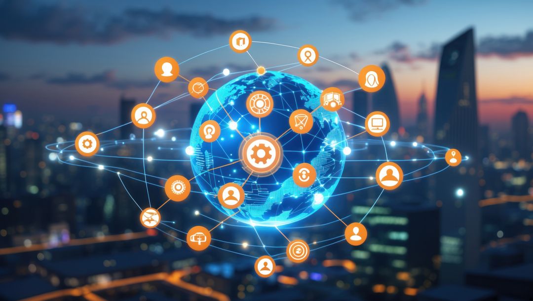 Digital Earth with Network Connections Over Urban Skyline at Dusk