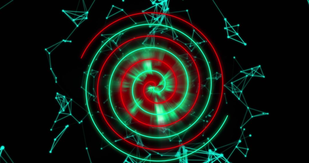 Futuristic Neon Spiral and Network Connections on Black Background
