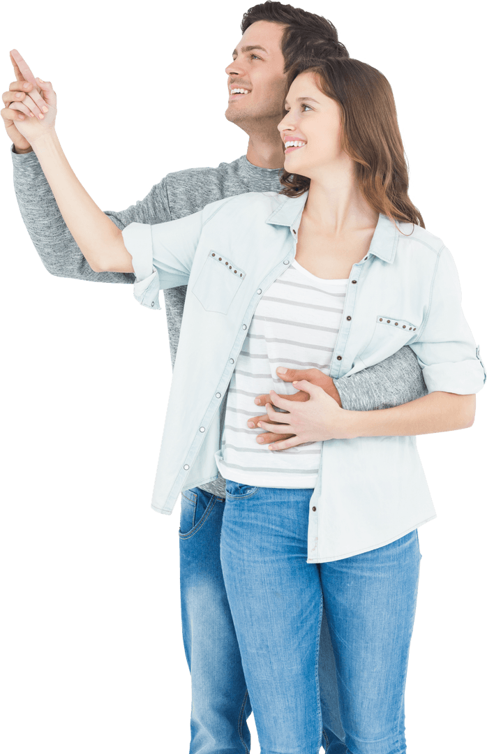 Transparent Happy Couple Pointing Upwards Imagining Future