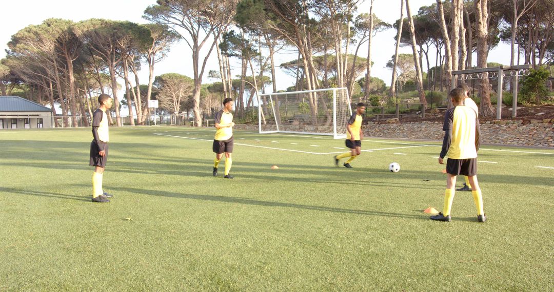 Soccer Players Collaborating in Team Practice Session on Sunny Field