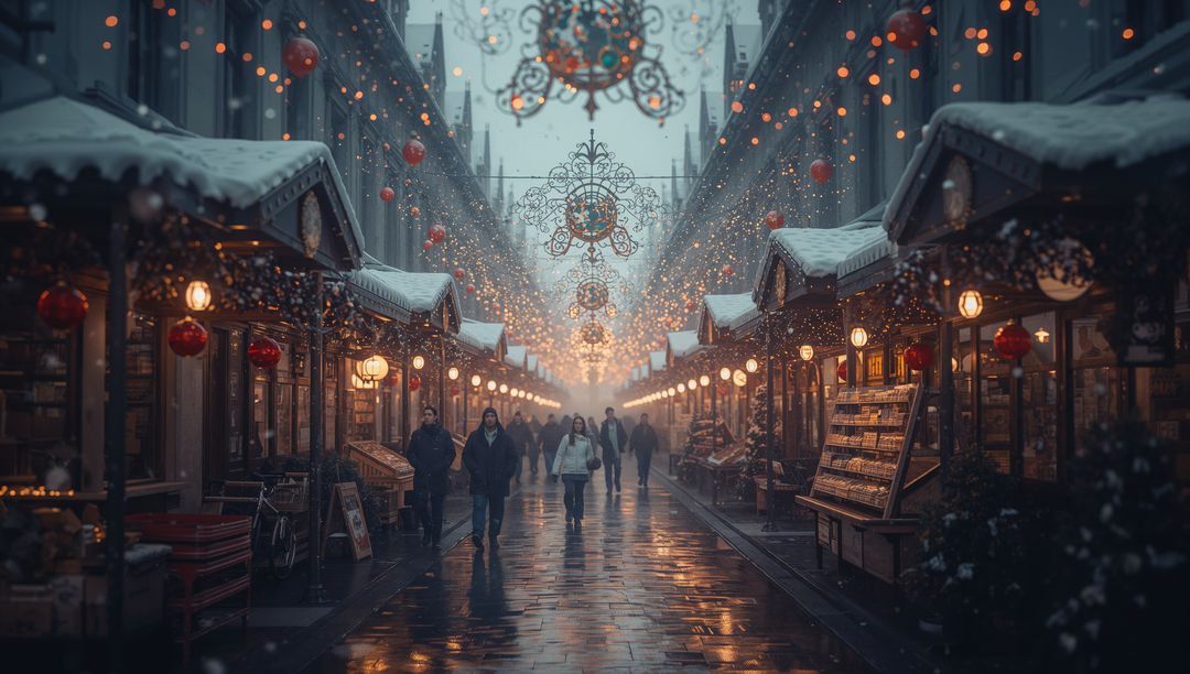 Festive Winter Market Street with Illuminated Stalls and Lanterns
