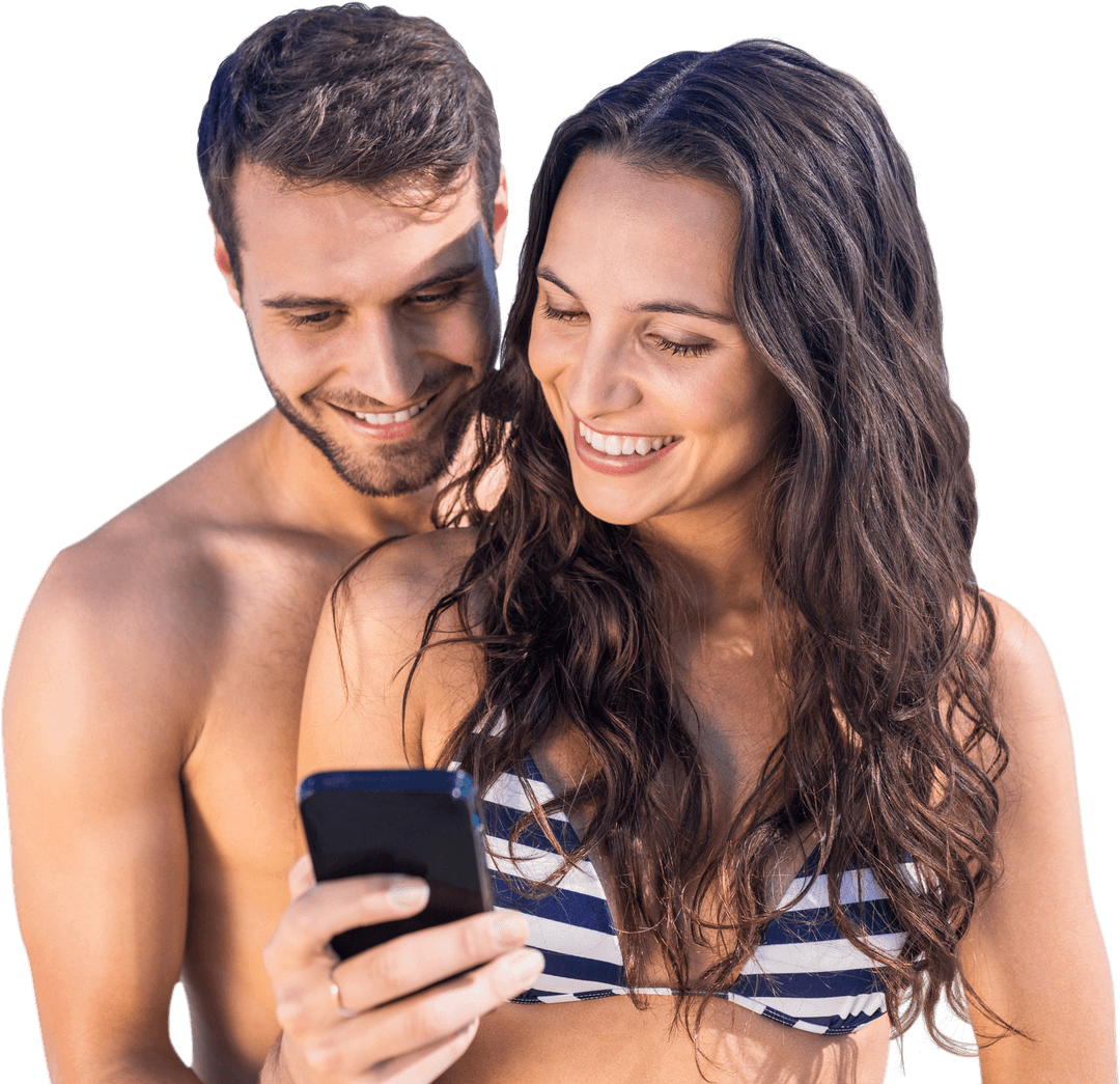 Happy couple in beachwear using smartphone on transparent background