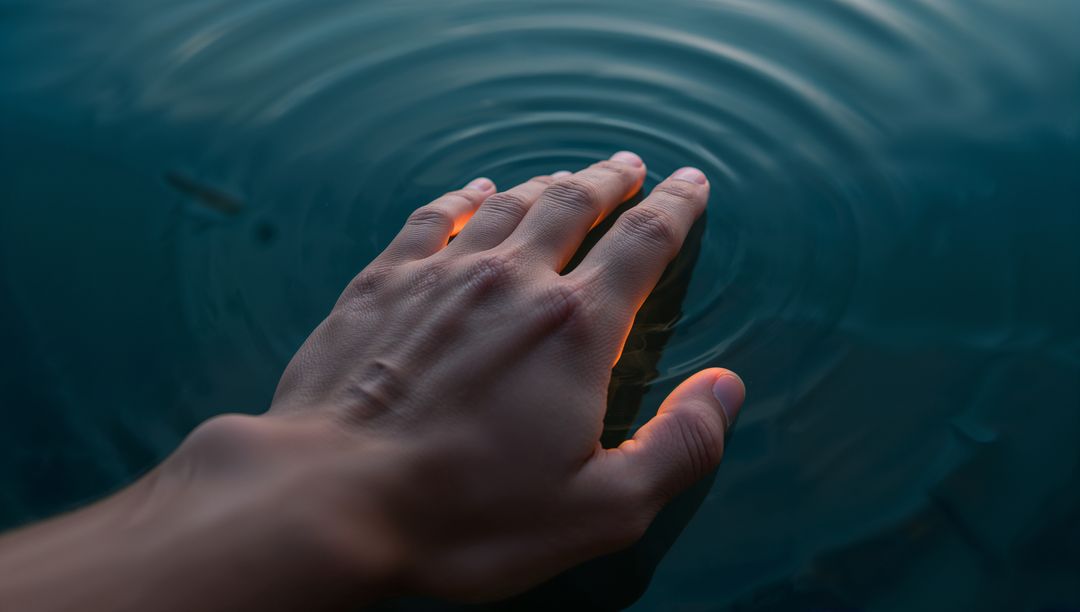 Hand Touching Calm Pond Creating Concentric Ripples and Subtle Warm Rim Glow at Dawn