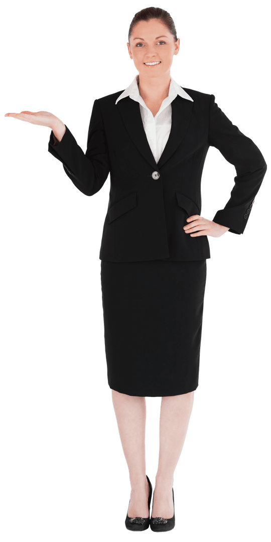 Businesswoman in Black Suit Gesturing Transparent Copy Space